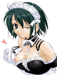 1girls ahoge arm_garter black_eyes black_hair bow breasts choker elbow_gloves female gloves heart kore_ga_watashi_no_goshujin-sama maid maid_headdress nipple_slip nipples sawatari_izumi short_hair solo tk_(takotsuboya) wink