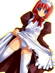 apron blue_eyes blush dress dress_lift garter_belt hisui hisui_(tsukihime) lingerie maid maid_headdress panties red_hair skirt skirt_lift solo thighhighs tsukihime type-moon underwear white_legwear white_panties white_thighhighs