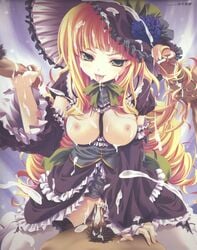 blonde_hair breasts censored clothed_sex cum cum_inside cum_on_clothes cum_on_tongue cum_string cumdrip detached_sleeves female gothic green_eyes hairjob handjob hat highres long_hair male miyama-zero miyama_zero naughty_face penis sex straight thighhighs tongue