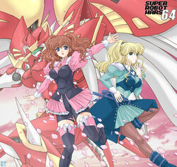 2girls aisha_ridgemond bangs bike_shorts black_legwear black_thighhighs blonde_hair blue_eyes blush boots brooch brown_hair cherry_blossoms cloud dress female female_only flying frills gathers green_eyes gun hair_ornament hand_on_hip hips jewelry large_breasts leg_lift long_hair manami_hamill mecha multiple_girls ookami_tomoyuki open_mouth pantyhose petals ponytail shorts shorts_under_skirt simurgh_splendid skirt sky smile super_robot_wars thigh_boots thighhighs thighs tied_hair turtleneck twintails waving wavy_hair zettai_ryouiki