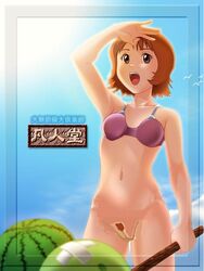 1girls bikini bikini_top bonjin-do breasts brown_eyes brown_hair edit female fraw_bow gundam haro human light-skinned_female light_skin mobile_suit_gundam photoshop pussy short_hair solo source_request swimsuit uncensored watermelon year_request