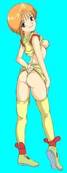 1girls artist_request ass blue_eyes breasts curvaceous elpeo_ple female gundam gundam_zz human light-skinned_female light_skin looking_at_viewer nipples orange_hair self_wedgie shirt shoes short_hair solo standing thighhighs wedgie