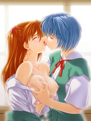 2girls asuka_langley_sohryu blue_hair bra breast_grab breasts closed_eyes clothes clothing erect_nipples female french_kiss french_kissing human kissing light-skinned_female light_skin long_hair medium_breasts multiple_girls neon_genesis_evangelion nipples open_clothes open_shirt orange_hair pale-skinned_female pale_skin red_hair rei_ayanami school_uniform seifuku serafuku shirt short_hair suzuno_kouya yuri