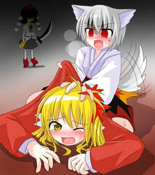 black_hair blonde_hair blush cute_fang female geta grey_hair imminent_rape leaf leaf_on_head molestation momiji_inubashiri multiple_girls red_eyes shameimaru_aya shizuha_aki sword tail tailwag tengu-geta touhou weapon wolf_ears yellow_eyes yuri