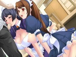 1boy 2girls aga_(artist) aqua_eyes assisted_fellatio bakunyuu_kissa black_hair breasts brown_hair cleavage fellatio game_cg gotou_shizuku hair kirishima_nagisa long_hair maid multiple_girls oral red_eyes teamwork