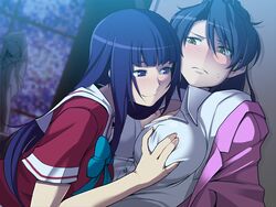 black_hair blush breast_grab erect_nipples female long_hair multiple_girls senkou_no_lumina_zenpen:_sennyuu!_saint_alucard_jogakuen yuri