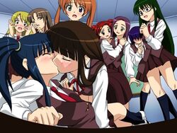 blonde_hair blue_hair blush brown_eyes brown_hair closed_eyes clothing female glasses green_eyes green_hair hair_ornament hair_over_eyes hairclip hand_to_mouth heterochromia kagurazaka_asuna kakizaki_misa kissing konoe_konoka long_hair mahou_sensei_negima mahou_sensei_negima! miyazaki_nodoka multiple_girls naba_chizuru necktie open_mouth orange_hair ponytail purple_eyes purple_hair red_hair sakurazaki_setsuna sanshita saotome_haruna school_uniform serafuku shiina_sakurako side_ponytail skirt smile tied_hair yukihiro_ayaka yuri