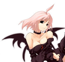 ahoge antenna_hair bare_shoulders black_eyes black_wings breasts choker cleavage demon female original pink_hair short_hair simple_background smile solo sun-3 white_background wings