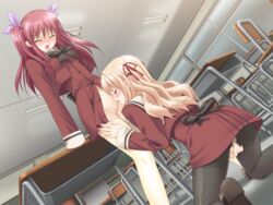 blonde_hair blush bottomless bow censored classroom closed_eyes clothing cunnilingus desk female game_cg kneeling matsubara_yuuna multiple_girls oda_nanami oral panties panties_under_pantyhose pantyhose peko pink_hair pussy pussy_juice red_hair ribbon ribbons school_uniform schoolgirl seifuku serafuku short_twintails sono_hanabira_ni_kuchizuke_wo standing_yuri stockings thighhighs tied_hair twintails underwear wet white_legwear white_thighhighs yuri