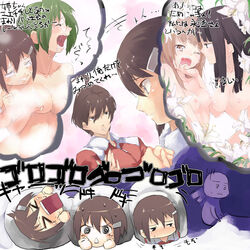 breast_grab breasts brown_hair chin_grab class_rep_(my_bride_is_a_mermaid) closed_eyes female flower glasses green_hair imagining lily_(flower) long_hair michishio_nagasumi multiple_girls my_bride_is_a_mermaid nipples nude saliva saliva_trail seto_sun shiranui_akeno short_hair sweat track_suit u_(the_unko) yuri zenigata_mawari