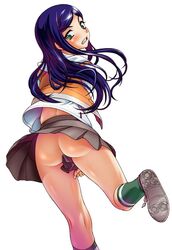 ass clothing fukudahda green_eyes kuga_natsuki legs long_hair mai_hime my-hime no_panties pleated_skirt purple_hair school_uniform seifuku serafuku skirt solo