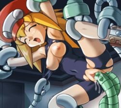 anal animated artist_request blonde_hair bondage breasts capcom color green_eyes mega_man mega_man_legends nipples roll_caskett spandex tentacle vaginal_penetration