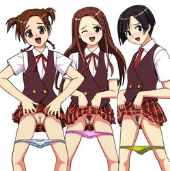 artist_request blue_panties blush clothing kakizaki_misa kugimiya_madoka mahou_sensei_negima mahou_sensei_negima! panties panty_pull pink_panties plaid plaid_skirt polka_dot polka_dot_panties pubic_hair pussy shiina_sakurako skirt skirt_lift tartan uncensored underwear yellow_panties