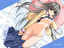 1girls bed bed_sheet blue_eyes blush breasts censored clannad clothing english feet female footwear hairband highres hips long_hair lying navel nipples no_bra no_pussy no_shoes nude on_back open_clothes open_shirt panties panty_pull pink_panties pleated_skirt sakagami_tomoyo school_uniform seifuku serafuku shiino_yui shirt shirt_lift silver_hair skirt skirt_around_one_leg small_breasts socks solo thigh_gap thighs title_drop underwear wallpaper white_hair wide_hips