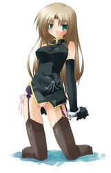 bare_shoulders black_legwear black_thighhighs blush bondage brown_hair china_dress chinadress chinese_clothes cuffs elbow_gloves garter_belt gloves green_eyes handcuffs kneeling kuzunoha_kyouji_(sunny_side_street) lingerie long_hair looking_at_viewer no_shoes original panties pink_panties side-tie_panties simple_background solo thighhighs underwear