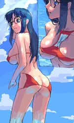 1girls ass ass_cleavage bikini blue_eyes blue_hair bra_on_ass breasts butt_crack doing_it_wrong female from_behind glasses hand_on_head large_breasts long_hair looking_away lowres nadeara_bukichi oekaki panties_around_breasts panties_bra panties_on_breasts read_or_die sky solo standing swimsuit upside-down wardrobe_error water yomiko_readman