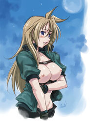 1girls artist_name bb blonde_hair blue_eyes blush breasts female framed_breasts gloves large_breasts long_hair lowres madlax madlax_(character) maruto maruto! nipples open_clothes open_shirt shirt sky solo