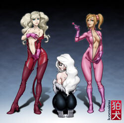 3girls ann_takamaki ass ass_visible_through_thighs bare_shoulders black_cat_(marvel) blonde_hair blue_eyes bodysuit boots breasts breasts_out candy cheerleader clothing covering_breasts crossover fake_tail felicia_hardy female footwear full_body gloves hair_ornament handwear high_heel_boots highres human juliet_starling kneeling komainu_(artist) lollipop lollipop_chainsaw long_hair looking_at_viewer marvel mask megami_tensei multiple_girls navel open_bodysuit open_clothes open_mouth persona persona_5 phantom_thief_suit ring skin_tight smile spider-man_(series) standing suda_51 tail thigh_boots thighhighs thumb_ring twintails unzipped unzipped_bodysuit white_hair zipper