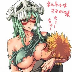 1boy 1girls areola areolae arrancar bleach blush breast_sucking breastfeeding breasts erect_nipples espada facial_mark female green_hair ichigo_kurosaki long_hair male mosha nelliel_tu_odelschwanck orange_hair skull torn_clothes translated translation_request