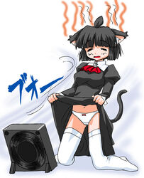 animal_ears black_hair bow bow_panties cat_ears closed_eyes cooling_off dress dress_lift electric_fan fan fanning_crotch fanning_self female female_focus female_only kneeling navel panther panties skirt skirt_lift solo solo_female tail thighhighs underwear white_legwear white_panties white_thighhighs