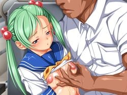 1boy age_difference blue_eyes breasts dark-skinned_male dark_skin female fingers g_kilo-byte game_cg green_hair hair_ornament ikkitousen male nipples no_bra open_mouth puffy_nipples saberfish school_uniform shokatsuryou_koumei short_twintails small_breasts straight tied_hair twintails