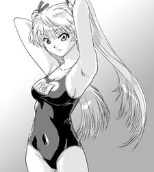 1girls armpits arms_up breasts clothed_navel female monochrome name_tag one-piece_swimsuit sawachika_eri school_rumble school_swimsuit sideboob solo swimsuit tied_hair twintails