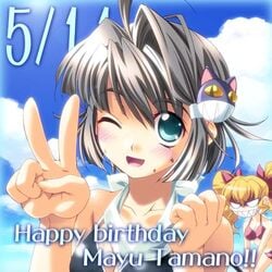 2girls ;d aqua_eyes bikini blonde_hair blush character_name daikuuji_ayu dated evil_grin female female_only grin hair_ornament happy_birthday kimi_ga_nozomu_eien multiple_girls open_mouth silver_hair smile swimsuit tamano_mayu text tied_hair twintails wink