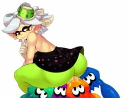 anthro ass cephalopod cephalopod_humanoid female humanoid inkling inkling_squid looking_back marie_(splatoon) mask_(marking) matospectoru nintendo pointy_ears splatoon squatting squid squid_sisters tentacle tentacle_hair tights