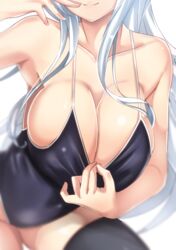 armpits bare_shoulders black_legwear blurry breasts cleavage close-up closed_mouth collarbone competition_school_swimsuit competition_swimsuit covered_navel depth_of_field female finger_to_mouth head_out_of_frame hibiki_(kantai_collection) kantai_collection large_breasts long_hair older one-piece_swimsuit pulled_by_self simple_background skindentation smile solo swimsuit swimsuit_pull thighhighs untsue verniy_(kantai_collection) very_long_hair white_background white_hair