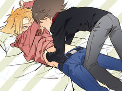 2boys bed blonde_hair brown_hair cardfight!!_vanguard kai_toshiki kusopiza_yaro male_only miwa_taishi multiple_boys straddling tagme undressing yaoi