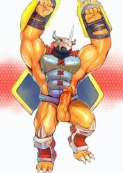 1boy abs anthro armor armpits arms_up biceps claws cum cum_on_penis digimon dinosaur erection horn iceman1984 male male_only manly mask muscles muscular nude pecs penis precum raised_arm sharp_claws solo standing testicles thick_penis thick_thighs toe_claws veins veiny_penis wargreymon