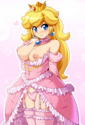 1girls areolae arm_behind_back bare_shoulders blonde_hair blue_eyes blush breasts breasts_out crown dress earrings elbow_gloves female female_only garter_straps gloves heart heart-shaped_pupils jewelry konpeto large_breasts long_hair looking_at_viewer mario_(series) nintendo nipples panties pink_dress pink_legwear pink_panties princess_peach showgirl_skirt smile solo standing symbol-shaped_pupils thighhighs underwear