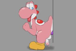 1boy 2016 anal anal_sex animated balls blue_eyes bobbibum circumcised clothing dildo dinosaur footwear full_body gay grey_background humanoid_penis looking_back loop male male_only mario_(series) nintendo penetration penis pink_scales precum reptile scales scalie sex_toy shoes simple_background solo standing tongue tongue_out video_games yoshi