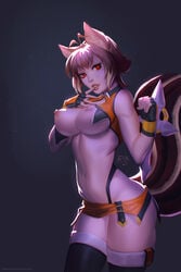 animal_ears areolae bare_shoulders blazblue breasts breasts_out brown_hair curvy evasolo female large_breasts looking_at_viewer makoto_nanaya navel nipples parted_lips red_eyes solo squirrel_ears squirrel_tail tail thick_thighs thighhighs tonfa wide_hips