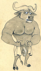 1boy anthro balls big_muscles black_and_white bovine buffalo chief_bogo disney flaccid front_view hi_res horn humanoid_penis looking_down male male_only mammal monochrome muscular nipples nude open_mouth pencil_(artwork) penis solo standing towel traditional_media_(artwork) tush uncut vein veiny_penis worried zootopia