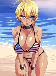 1girls ahoge american_flag american_flag_bikini beach bent_over bikini blonde_hair blue_eyes breasts cleavage collar dark-skinned_female dark_skin earrings female flag_bikini flag_print gyaru huge_breasts jewelry kuro_gyaru leaning_forward mito_ikumi navel nishida_megane shokugeki_no_souma short_hair skindentation swimsuit