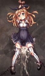 after_rape ankle_cuffs arms_up blonde_hair blood blue_eyes bondage bound bound_wrists chains clothing cum dress empty_eyes female fucked_silly highres langbazi lolita_fashion long_hair original pregnant small_breasts solo tears thighhighs torn_clothes torn_thighhighs