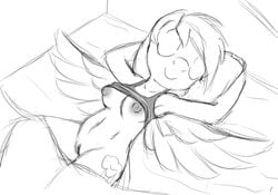 2013 anthro anthrofied bottomless breasts closed_eyes clothed clothing cutie_mark equine feathered_wings feathers female friendship_is_magic lying mammal monochrome my_little_pony nipples on_back pegasus pussy rainbow_dash_(mlp) shirt signature sketch smile solo straight_hair tg-0 wings