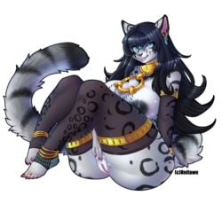 anklet anthro ass big_breasts big_butt black_fur black_hair blue_eyes bracelet breasts cleavage clothed clothing collar ear_piercing eirwen_vaan feline female fur hair hollandworks huge_breasts jewelry leopard long_hair looking_at_viewer mammal nipples original original_character piercing pussy sitting smile snow_leopard solo spots thick_thighs toe_ring unifawn white_fur