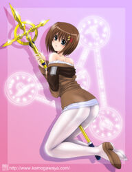 ass bare_shoulders blue_eyes blush brown_hair female hair_ornament hayate_yagami highres kamogawa_tanuki lyrical_nanoha magic_circle mahou_shoujo_lyrical_nanoha mahou_shoujo_lyrical_nanoha_strikers pantyhose schwertkreuz short_hair single_shoe solo staff thighband_pantyhose white_legwear x_hair_ornament