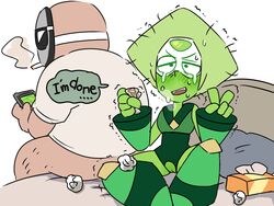 1boy blush cartoon_network cellphone cigarette crotchless_clothes faceless_male female gem_(species) gnome-no green_hair green_skin limb_enhancers mask messy_hair old_man peridot_(steven_universe) phone smartphone smoking steven_universe tissue_box trembling used_tissue v visor