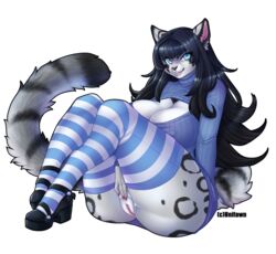 anthro ass big_breasts big_butt black_fur black_hair blue_eyes breasts cleavage clothed clothing eirwen_vaan feline female fur hair hollandworks huge_breasts keyhole_turtleneck legwear leopard long_hair looking_at_viewer mammal nipple_bulge original original_character pussy sitting smile snow_leopard solo spots stockings sweater thick_thighs unifawn white_fur