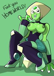 1girls alien atomictiki big_breasts breasts cum dialogue english_text female gem_(species) green_hair green_heels green_skin high_heel_boots high_heels limb_enhancers peridot_(steven_universe) saliva steven_universe text tongue tongue_out