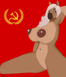 big_breasts breasts communism female hammer_and_sickle hands_behind_head horse nipple_piercing solo soviet soviet_flag