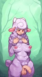 anthro balls blush breasts caprine cyancapsule erection futanari horn humanoid_penis intersex looking_down mammal molly_(cyancapsule) nipples original penis pink_eyes precum sheep smile solo