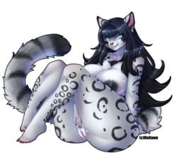 anthro ass big_breasts big_butt black_fur black_hair blue_eyes breasts cleavage clothed clothing eirwen_vaan feline female fur hair hollandworks huge_breasts leopard long_hair looking_at_viewer mammal nipples nude original original_character pussy sitting smile snow_leopard solo spots thick_thighs unifawn white_fur