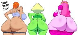 3girls adventure_time ben_10 big_ass big_breasts bubble_butt cartoon_network coldarsenal crossover dress dress_down fat_ass female female_only gem_(species) ginger green_body gwen_tennyson huge_ass huge_breasts light-skinned_female multiple_girls no_panties pants_down peridot_(steven_universe) pink_body plump plump_ass princess_bubblegum red_head shorts shorts_down steven_universe tagme thick_thighs thong wide_hips