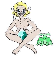 adaine_abernant blonde blonde_female blonde_hair boggy_the_froggy crossed_legs dimension_20 elf elf_ears elf_female fantasy_high frog glasses nervous nude nude_female orb solo solo_female sweat sweating