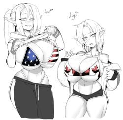 2girls american_flag_bikini canadian_flag harkonner huge_breasts monochrome pointy_ears shirt_lift shorts sweatpants thick_thighs