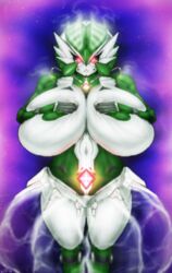 2016 black_sclera breast_press busty frown gardevoir gem glowing green_areola green_nipples huge_breasts llortor looking_at_viewer pokemon pokemon_(species) red_eyes robot robot_gardevoir standing steam white_skin